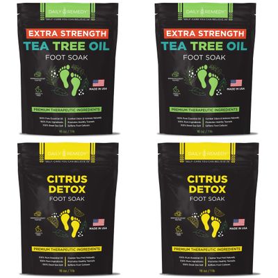 DAILY REMEDY 4-Pack Foot Soak Set - 2 Extra Strength Tea Tree Oil & 2 Citrus Detox - Made In USA - Soothes Tired Feet, Athletes Foot, Stubborn Foot Odor, Softens Calluses & Refreshes & Detoxifies
