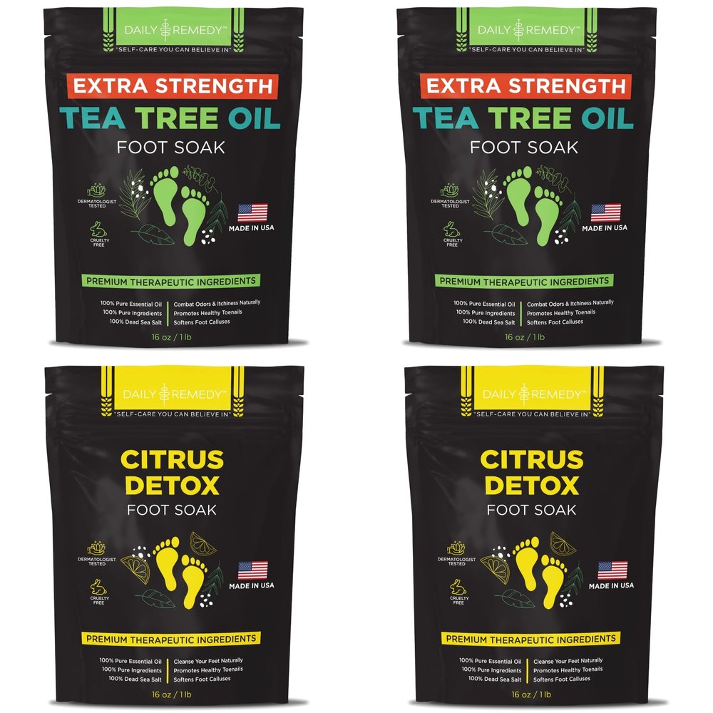 DAILY REMEDY 4-Pack Foot Soak Set - 2 Extra Strength Tea Tree Oil & 2 Citrus Detox - Made In USA - Soothes Tired Feet, Athletes Foot, Stubborn Foot Odor, Softens Calluses & Refreshes & Detoxifies