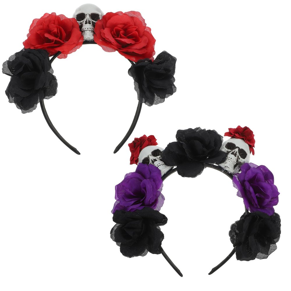 LUOZZY 2 PCS Halloween Crown Headband Gothic Skull Hair Accessories Halloween Rose Flower Headband Day of The Dead Headpiece for Women Girls
