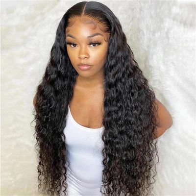 Azedssw Loose Deep Wave Lace Frontal Wig For Women Human Hair Wigs Transparent Deep Curly Human Hair Wig Closure Wig 13X4 HD Frontal Wig 26Inch#180 Density