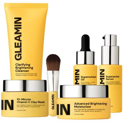 Gleamin Brightening Skincare Bundle  Mask, Serum, Cleanser, Moisturizer & Oil for Dark Spots, Uneven Tone, and Glowing Skin  Complete Vitamin C Skincare Routine