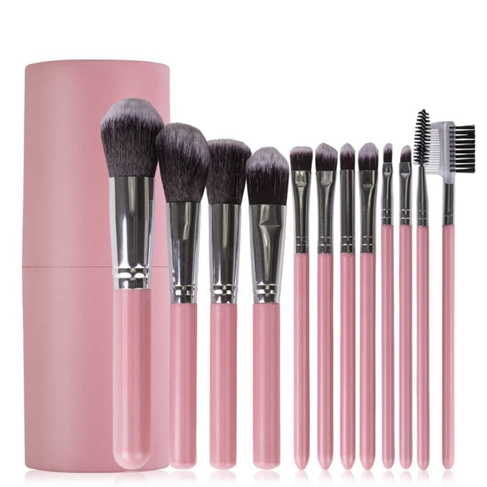 12pcs Makeup Brushes Set Face Powder Contour Blush Eyebrow Brush & Comb Eyelash Brush with Cylinder Case