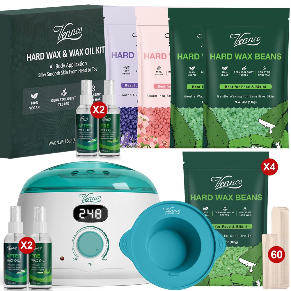 VENNCO Waxing Kit for Women Men + All-in-one Hard Wax Beads Kit for Bikini Brazilian Body Face Leg Armpit