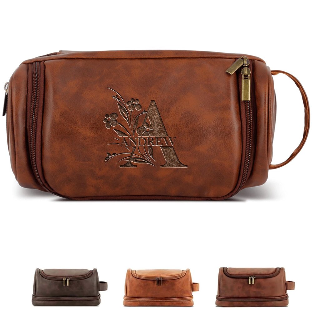 Customized Toiletry Bag Hanging Travel Organizer for Men, Personalized Large Capacity Bag Engraved Name Text, Custom Waterproof Leather Bathroom Dopp Shaving Kit Birthday Groomsmen Wedding Gift