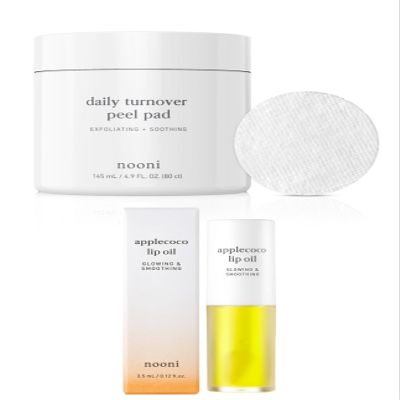 Nooni Toner Pads - Daily Turnover Peel Pad V2, 80 Count + Korean Vegan Lip Oil - Applecoco, 0.12 Fl Oz Bundle
