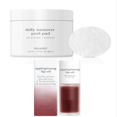 Nooni Toner Pads - Daily Turnover Peel Pad V2, 80 Count + Korean Vegan Lip Oil - Appleginseng, 0.12 Fl Oz Bundle