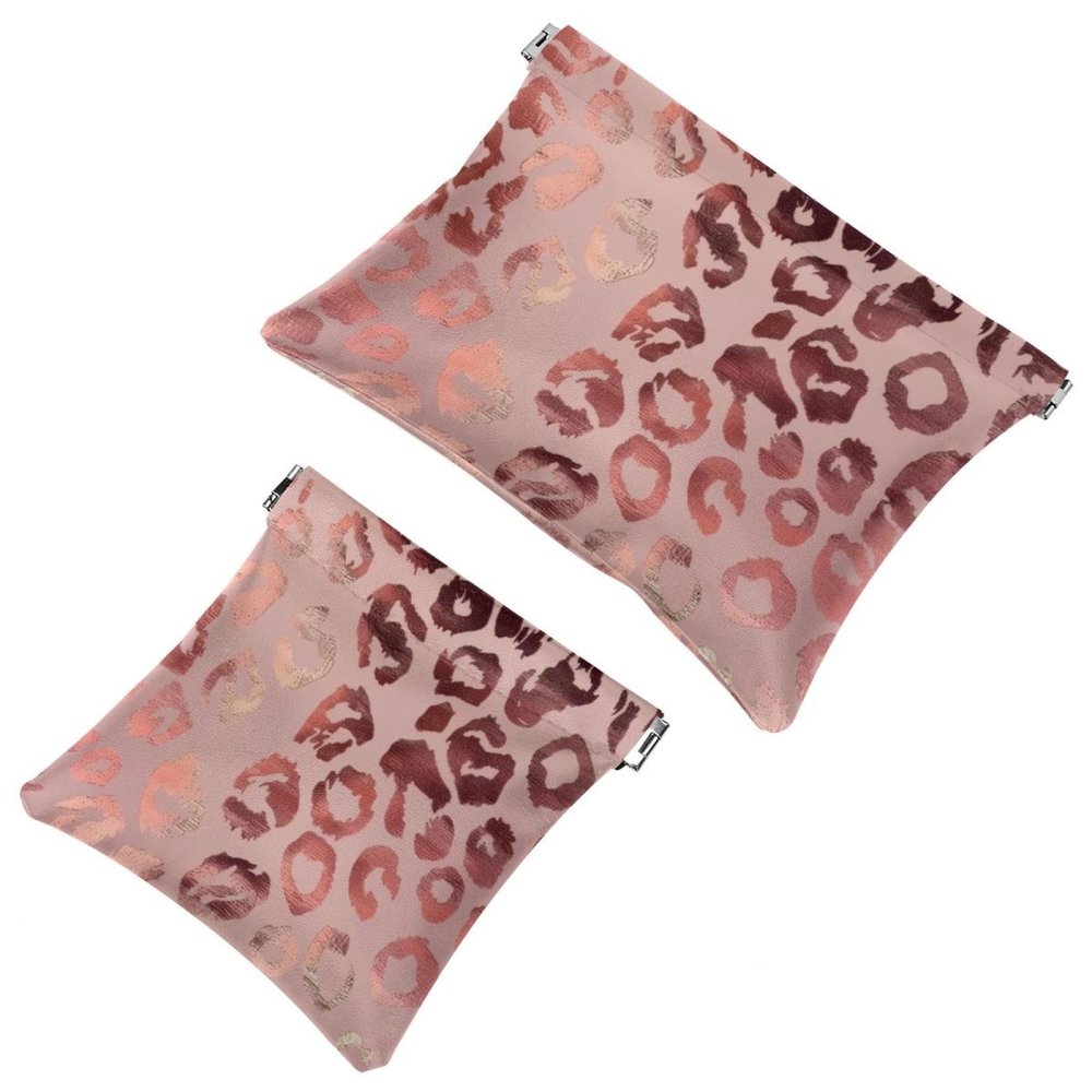 2 Pcs Pocket Cosmetic Bag, Leopard Rose Gold Pattern Self-Closing Shrapnel Makeup Bag No Zipper Small Makeup Pouch for Mini Travel Storage for Cosmetics Headphones Jewelry Organizer