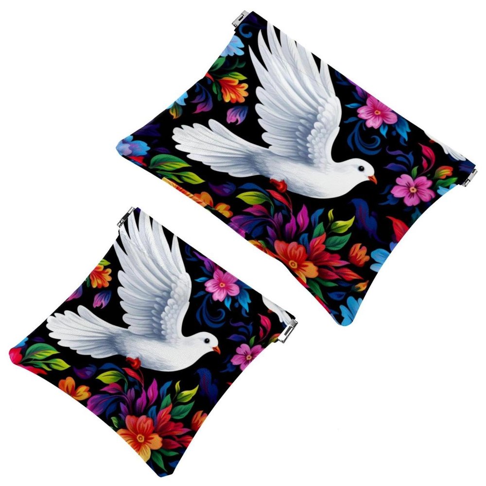 2 Pcs Pocket Cosmetic Bag, Peace Dove Flower Pattern Self-Closing Shrapnel Makeup Bag No Zipper Small Makeup Pouch for Mini Travel Storage for Cosmetics Headphones Jewelry Organizer