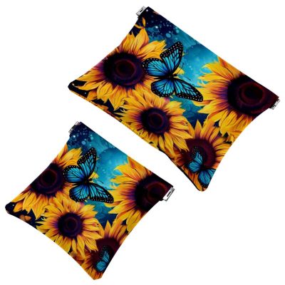 2 Pcs Pocket Cosmetic Bag, Galaxy Sunflower Butterfly Self-Closing Shrapnel Makeup Bag No Zipper Small Makeup Pouch for Mini Travel Storage for Cosmetics Headphones Jewelry Organizer