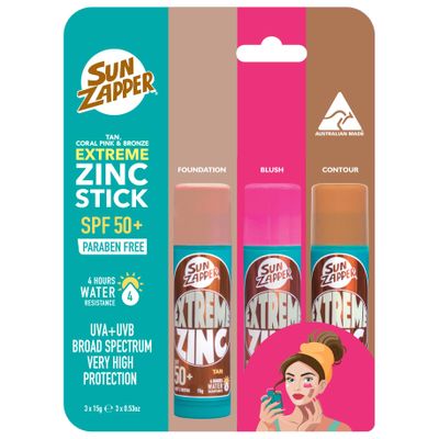 Sun Zapper Extreme Zinc Sunscreen Stick Beauty Pack SPF 50+ Sunblock in Tan, Bronze & Pink Made in Australia