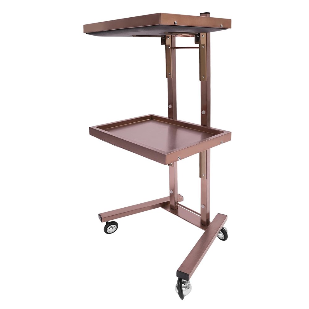 MhdunueSK 2 Tier Metal Rolling Cart, 34.3 Inch Salon Tray on Wheels, Folding Salon Tray Trolley, Esthetician Cart for Salon Studios Shop (Rose-Gold)