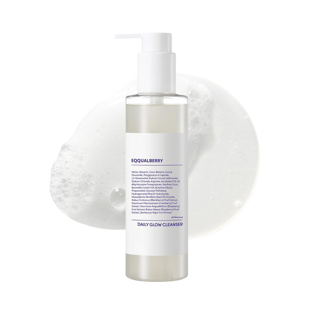 EQQUALBERRY pH Balanced Daily Glow Gel Cleanser 7.1 fl oz. 210ml Moisturizing finish, Gentle Gel Cleaning, Korean Skincare EWG Green