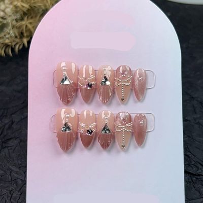 ZIIVIEVS 10Pc Blush Powder Almond False Nails Relief Hand drawn Bow Star Design Press on Nails Handmade Full Cover False Nail Tips(Color:2,Size:Xs)