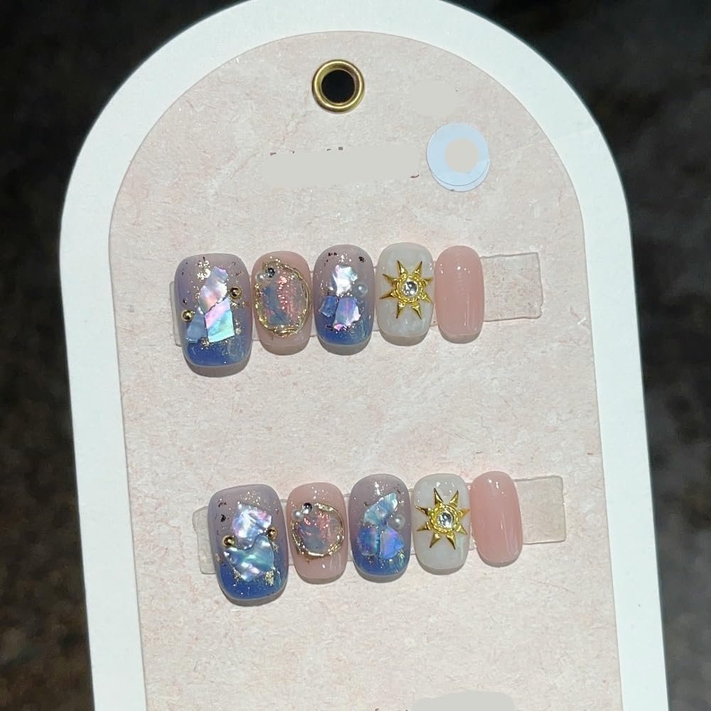 10pcs Handmade Wearing Nail Gold Foil Fake Nail Short Square Head Nail Patches(Color:11,Size:S)