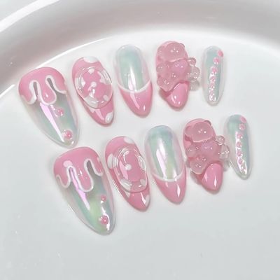 ZIIVIEVS 10Pc Blush Powder Almond False Nails Relief Hand drawn Bow Star Design Press on Nails Handmade Full Cover False Nail Tips(Color:4,Size:Xs)