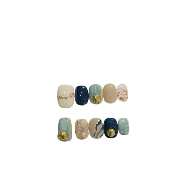10pcs Handmade Wearing Nail Gold Foil Fake Nail Short Square Head Nail Patches(Color:14,Size:M)