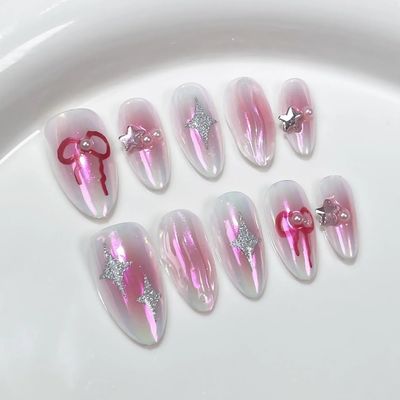 ZIIVIEVS 10Pc Blush Powder Almond False Nails Relief Hand drawn Bow Star Design Press on Nails Handmade Full Cover False Nail Tips(Color:6,Size:Xs)