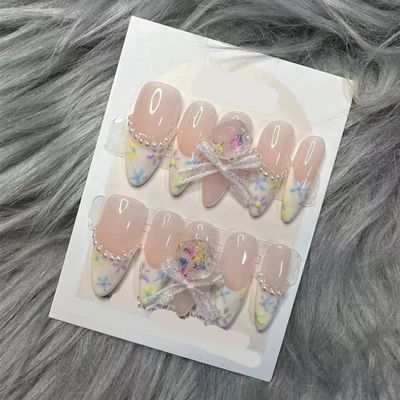 10Pc Blush Powder Almond False Nails Relief Hand drawn Bow Star Design Press on Nails Handmade Full Cover False Nail Tips(Color:8,Size:S)