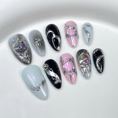 ZIIVIEVS 10Pc Blush Powder Almond False Nails Relief Hand drawn Bow Star Design Press on Nails Handmade Full Cover False Nail Tips(Color:3,Size:L)