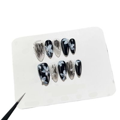10Pc Blush Powder Almond False Nails Relief Hand drawn Bow Star Design Press on Nails Handmade Full Cover False Nail Tips(Color:10,Size:Xs)