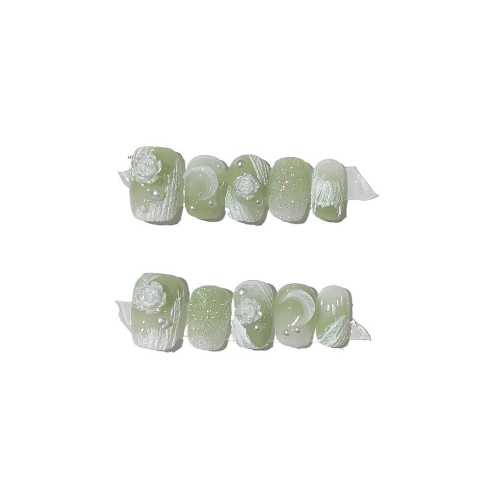 ZIIVIEVS 10pcs Handmade Wearing Nail Gold Foil Fake Nail Short Square Head Nail Patches(Color:9,Size:L)