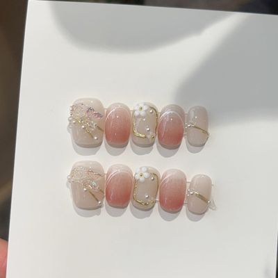 10pcs Handmade Wearing Nail Gold Foil Fake Nail Short Square Head Nail Patches(Color:12,Size:S)