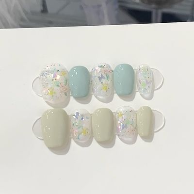 10pcs Handmade Wearing Nail Gold Foil Fake Nail Short Square Head Nail Patches(Color:16,Size:M)
