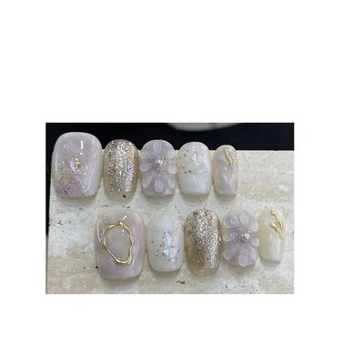 10pcs Handmade Wearing Nail Gold Foil Fake Nail Short Square Head Nail Patches(Color:2,Size:Xs)