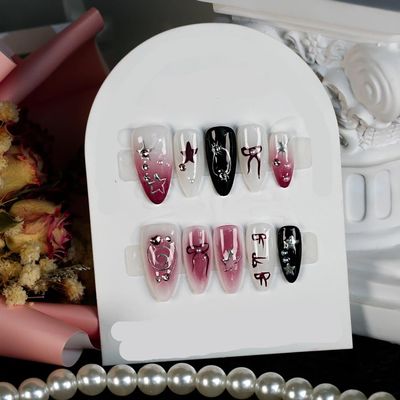 ZIIVIEVS 10Pc Blush Powder Almond False Nails Relief Hand drawn Bow Star Design Press on Nails Handmade Full Cover False Nail Tips(Color:1,Size:S)