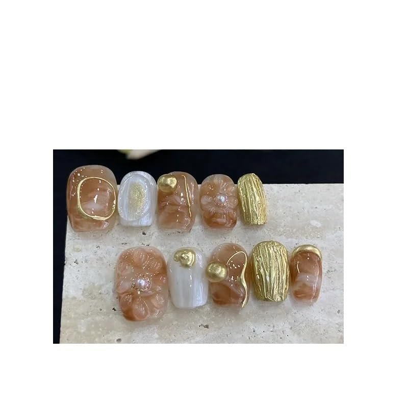 10pcs Handmade Wearing Nail Gold Foil Fake Nail Short Square Head Nail Patches(Color:4,Size:Xs)
