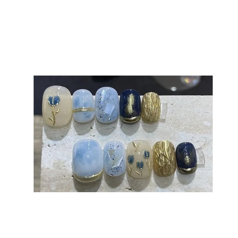 10pcs Handmade Wearing Nail Gold Foil Fake Nail Short Square Head Nail Patches(Color:1,Size:L)