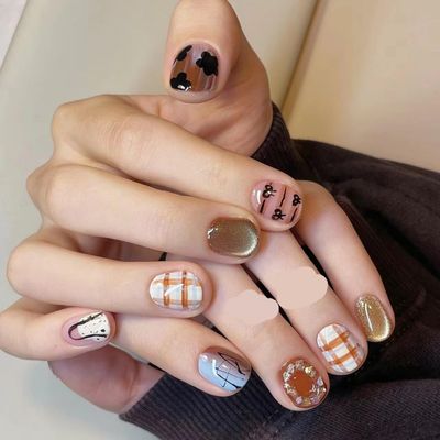 10pcs Handmade Wearing Nail Gold Foil Fake Nail Short Square Head Nail Patches(Color:15,Size:L)