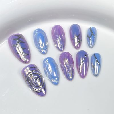 ZIIVIEVS 10Pc Blush Powder Almond False Nails Relief Hand drawn Bow Star Design Press on Nails Handmade Full Cover False Nail Tips(Color:5,Size:S)