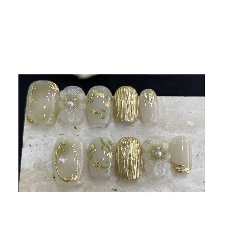 10pcs Handmade Wearing Nail Gold Foil Fake Nail Short Square Head Nail Patches(Color:3,Size:M)