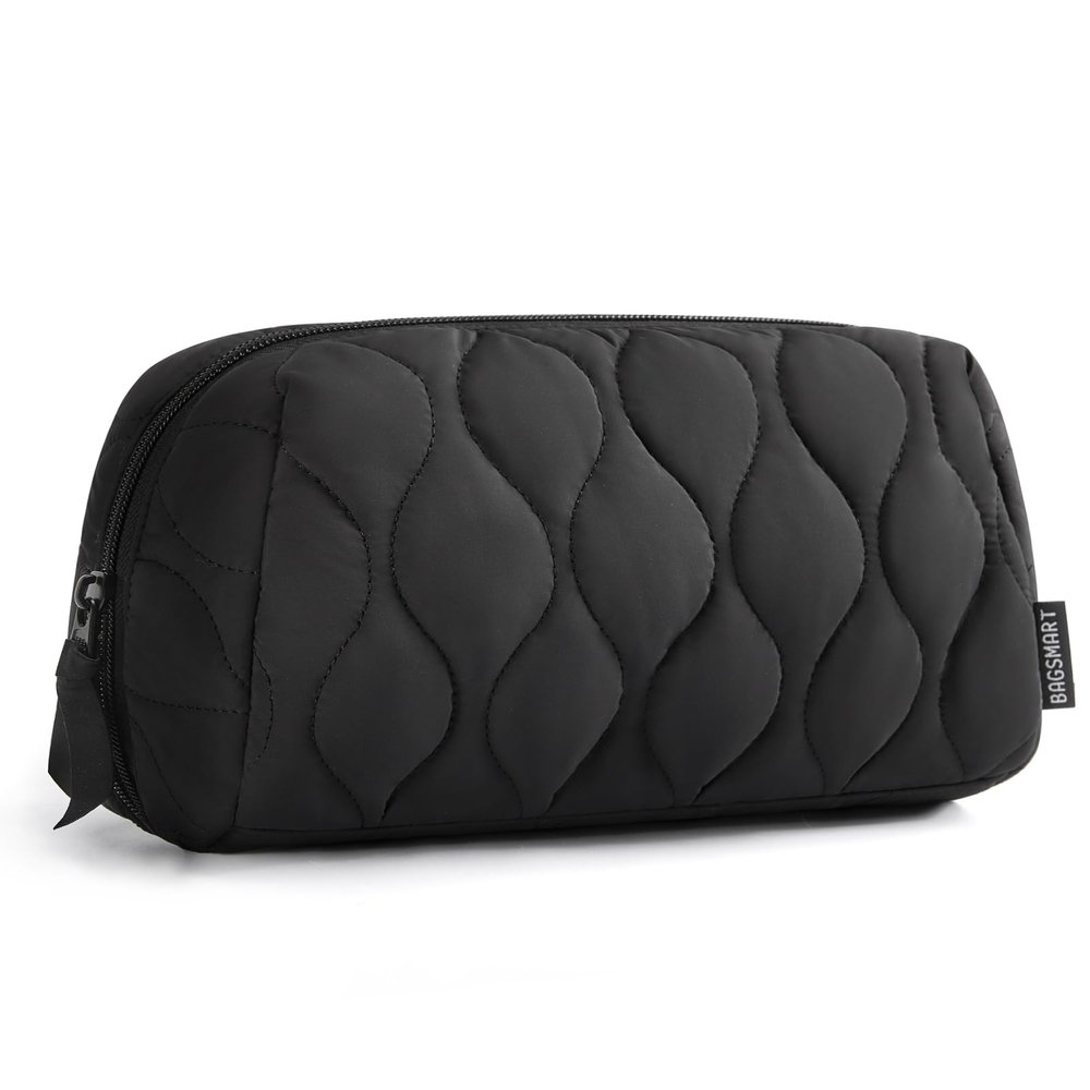 BAGSMART Makeup Bag, Travel Cosmetic Bag, Puffy Padded Make Up Bag for Women, Makeup Organizer Case, Wide-open Pouch Purse, Travel Essentials, Toiletries Accessories Brushes, Black