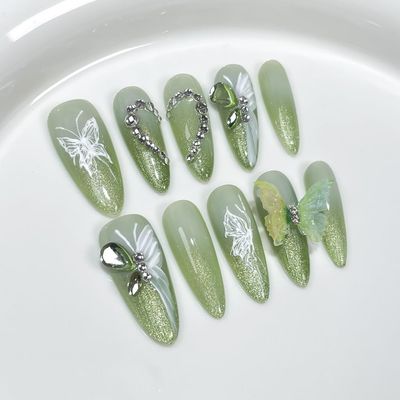 ZIIVIEVS 10Pc Blush Powder Almond False Nails Relief Hand drawn Bow Star Design Press on Nails Handmade Full Cover False Nail Tips(Color:9,Size:S)
