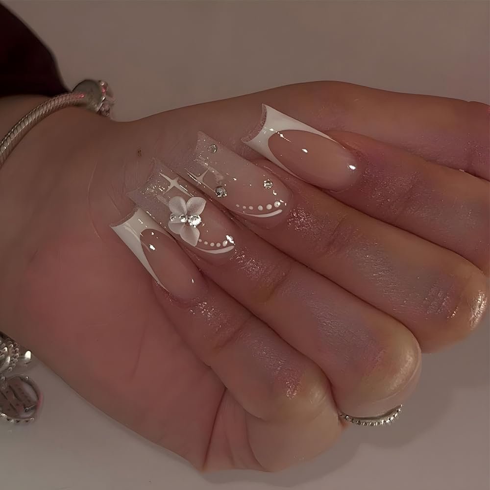 24Pcs French Tip Press on Nails Long Square Fake Nails with Rhinestones Design Artificial Stick on Nails Full Cover Acrylic Nails Glossy Glitters False Nails Cute Butterfly Glue on Nails for Women