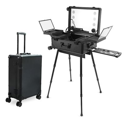 COYEUX Professional Rolling Makeup Case, Professional 3 in 1 Lockable Aluminum Makeup Case, with LED Light and Support Leg, for Beauty Salon and Travel