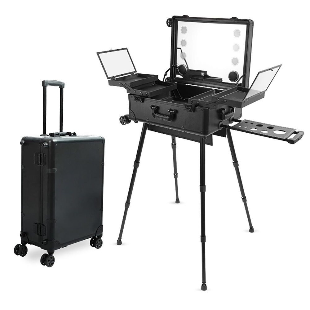 COYEUX Professional Rolling Makeup Case, Professional 3 in 1 Lockable Aluminum Makeup Case, with LED Light and Support Leg, for Beauty Salon and Travel
