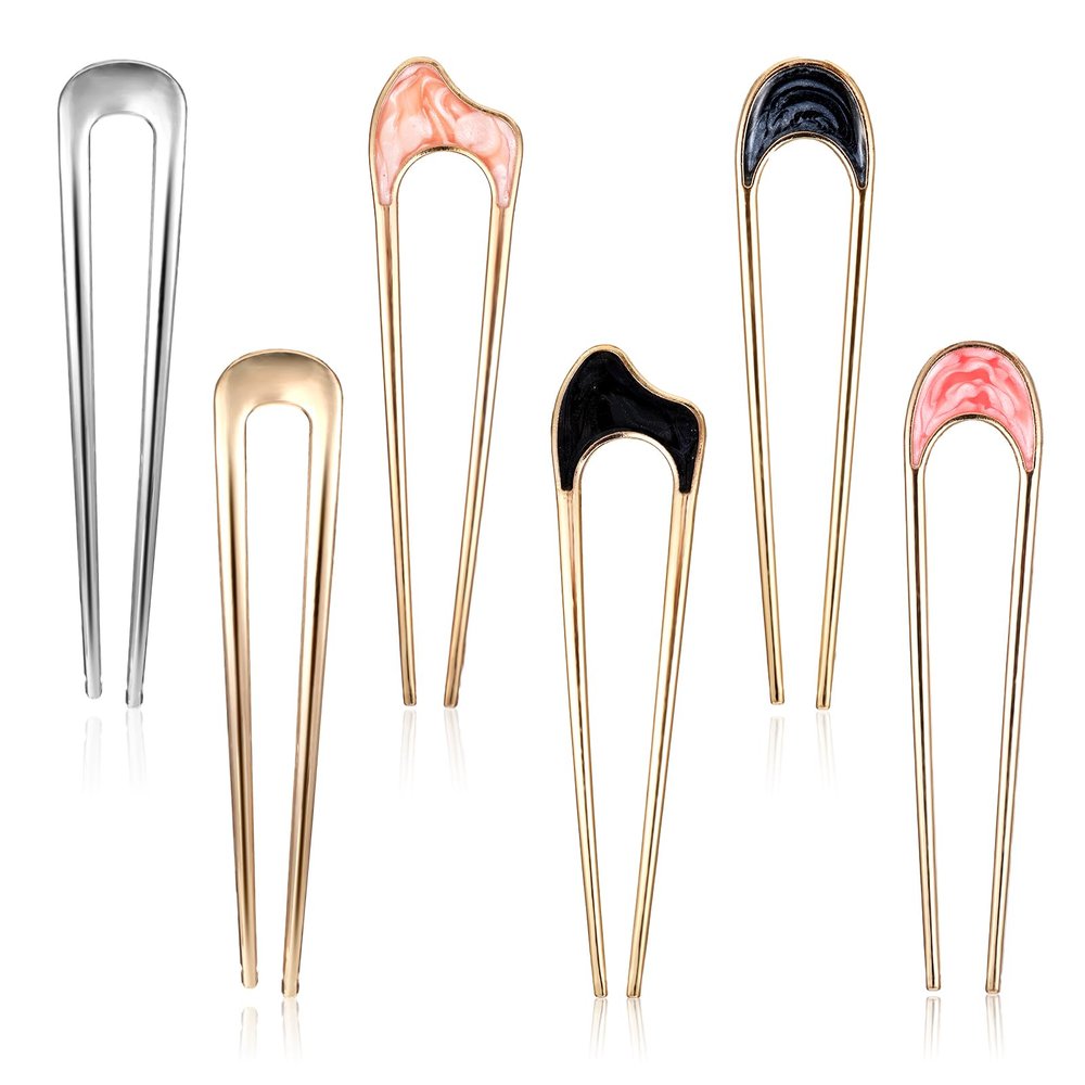 Nogeqi 6 Pcs French Twist Hair Pin, Vintage U Shaped Metal Pins for Hair Bun, Fork for Women, Gold Silver Chignon Accessories for Thick Thin Hairstyles