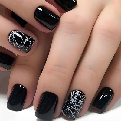 24Pcs CEWEWP Short Press on Nails Black Square False Nails Artificial Acrylic Nails with White Cracks Design Fake Nails Full Cover Stick on Nails Glossy Reusable Coffin Nails Glue on Nails for Women