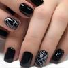 24Pcs CEWEWP Short Press on Nails Black Square False Nails Artificial Acrylic Nails with White Cracks Design Fake Nails Full Cover Stick on Nails Glossy Reusable Coffin Nails Glue on Nails for Women view 1
