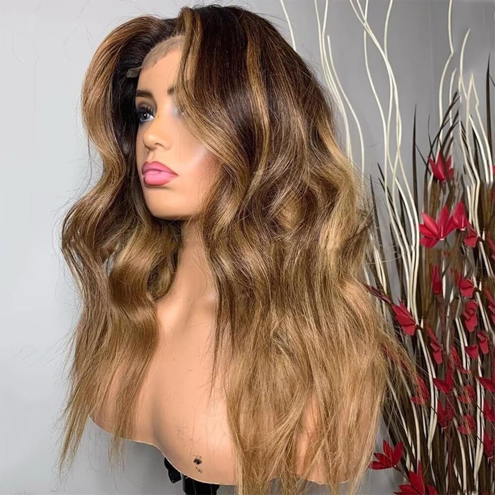 Highlight #4/27 Color Body Wave Lace Front Human Hair Wig 13x6 Lace Brazilian Remy Hair HD Transparent Lace Glueless Wigs Pre Plucked Natural Hairline 150% Density with Baby Hair 20inch