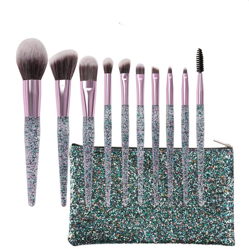 10pcs/set Crystal Glitter Makeup Brushes Set Pro Foundation Brushes Blending Concealer Make Up Brush Set with Bag