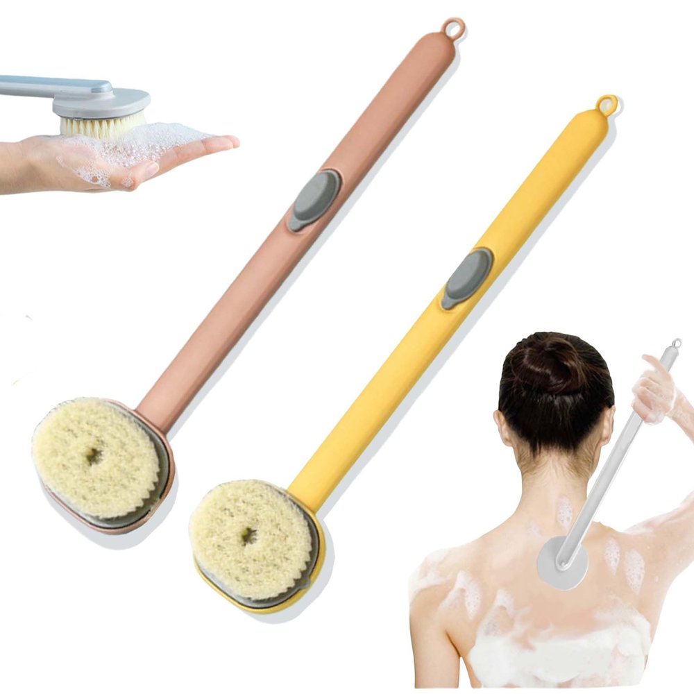2024 Newest Body Scrubbers for Use in Shower, Long Handled Scrub Brush for Shower, Skin Scrubber/Long Handle Bath Massage Cleaning Brush with Soap Dispenser for Women Men (1PC Pink +1PC Yellow)