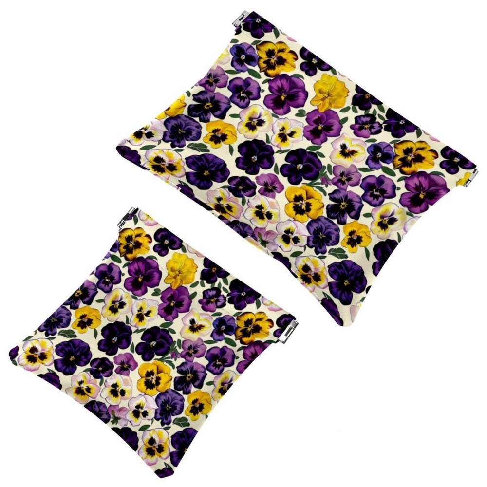 2 Pcs Pocket Cosmetic Bag, Pansy Flowers Skull Pattern Self-Closing Shrapnel Makeup Bag No Zipper Small Makeup Pouch for Mini Travel Storage for Cosmetics Headphones Jewelry Organizer