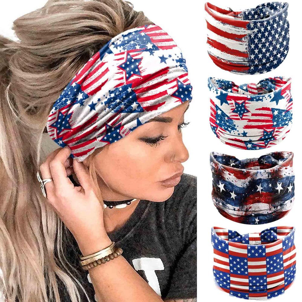 Olbye 4th of July Headbands Patriotic American Flag Hairband USA Red White Blue Headband Wide Turban Knotted Head Band Stars Bandana Independence Day Hair Accessories for Women 4Pcs(USA A)