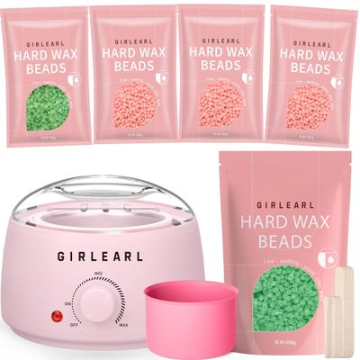 GIRLEARLE Pink Waxing Kit + 1lb Aloe Hard Wax Beads at Home, Multiple Formulas Target Different Types of Hair for Brazilian Bikini, Facial, Leg, Beard, Eyebrow and Full body