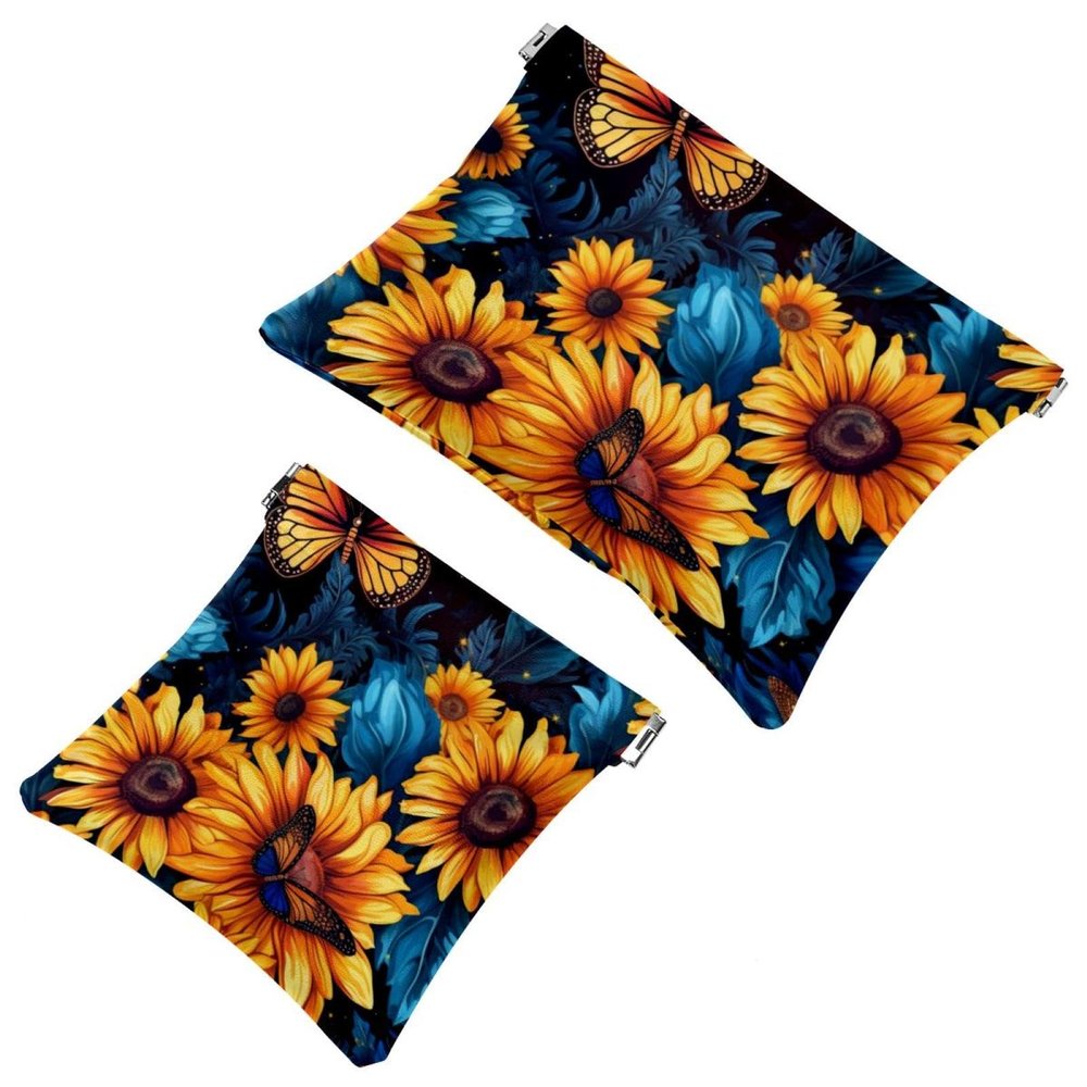 2 Pcs Pocket Cosmetic Bag, Galaxy Sunflower Butterfly Self-Closing Shrapnel Makeup Bag No Zipper Small Makeup Pouch for Mini Travel Storage for Cosmetics Headphones Jewelry Organizer