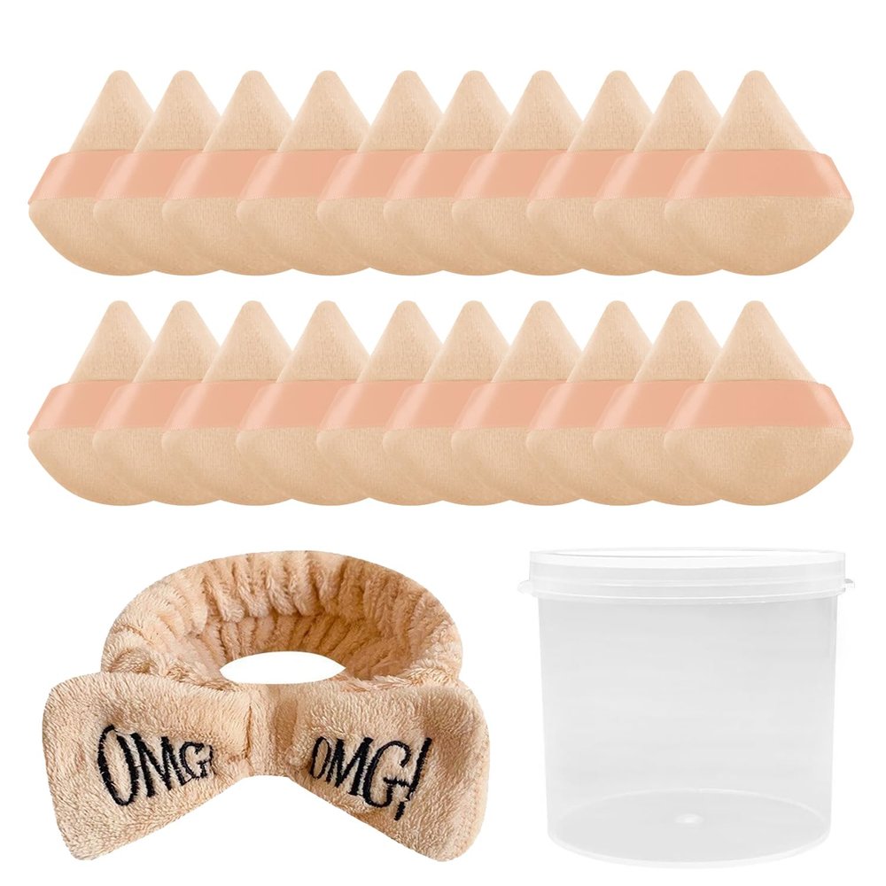 20 Pieces Powder Puff Face Soft Triangle Makeup Puff Velour Puff with Spa Makeup Headband Elastic for Loose Powder Cosmetic Foundation Makeup Sponge Beauty Sponge Blender Makeup Tool